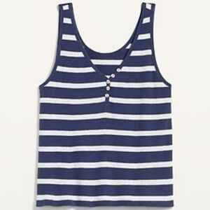 Thermal Henley Tank Top Navy Grey Stripe Button XL tall